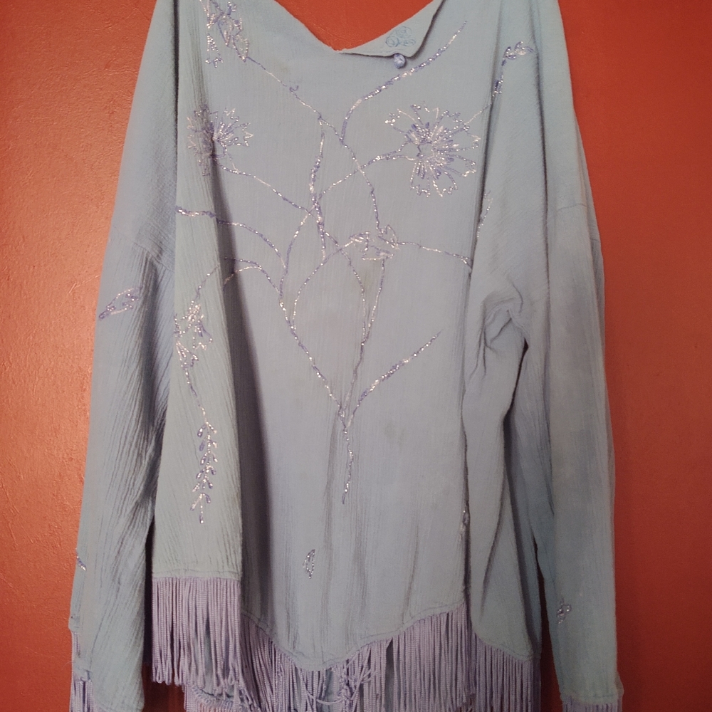 Retro baby blue tassel blouse